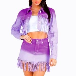 American Bazi Womens Fringe Detail Mini Skirt Purple Lavender Tie Dye Set